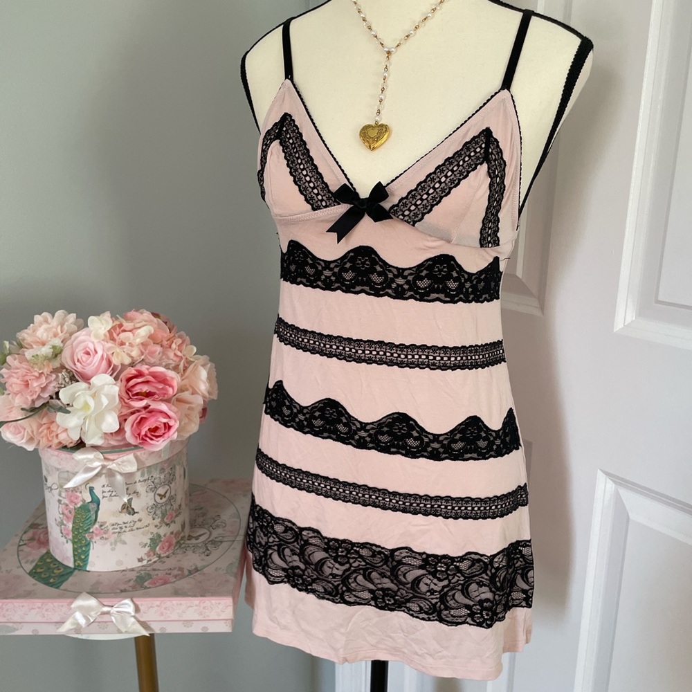 Victorias Secret lace coquette Sexy Little Things pink and black slip dress S.